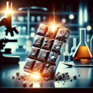 A broken chocolate bar with traces of heavy metals, set against a blurred background of a laboratory, symbolizing the hidden health risks in popular treats.